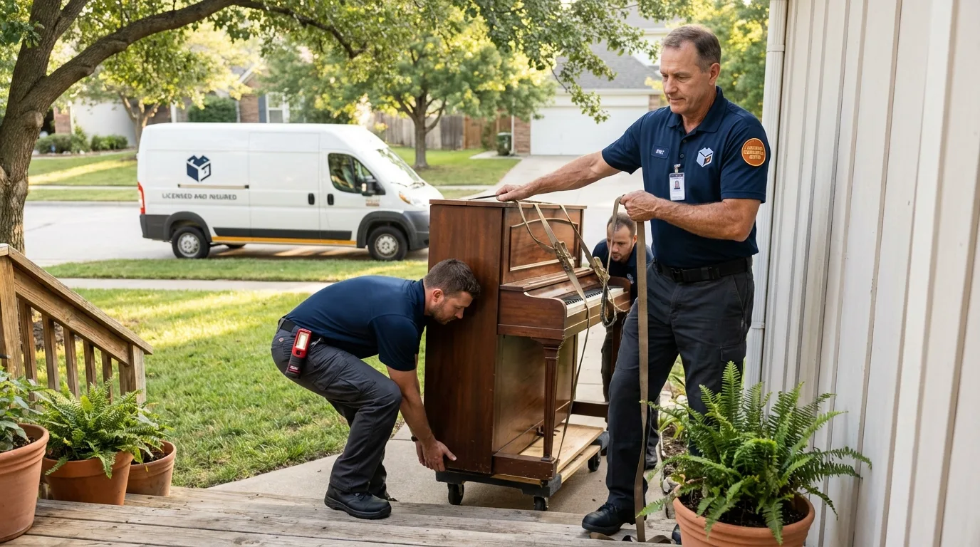 Licensed piano movers securing grand piano in Park Hills, MO