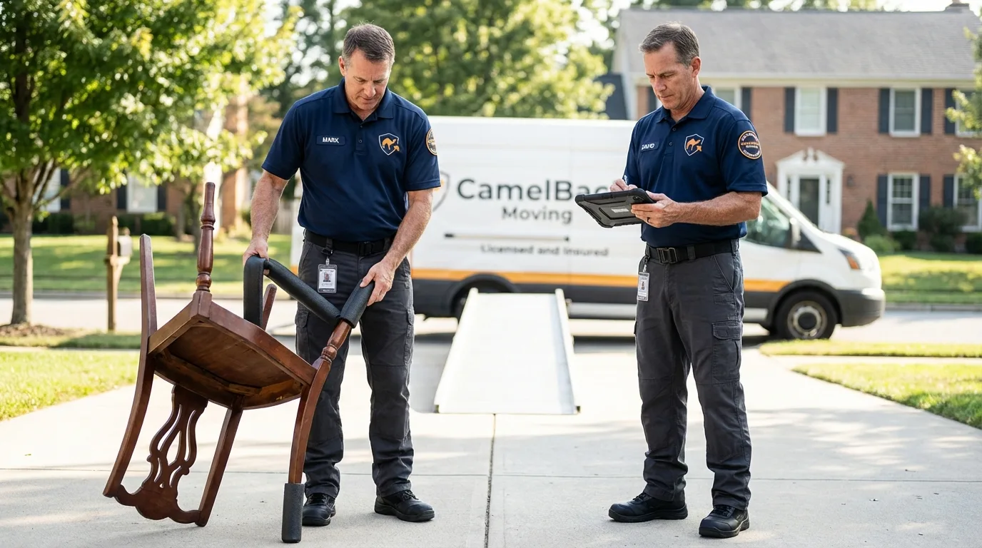 Movers inspecting furniture for damage prevention before loading in Park Hills, MO