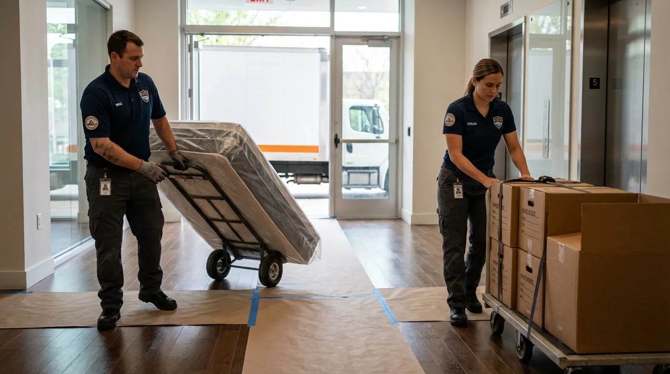 Professional apartment movers loading elevator in Park Hills, MO