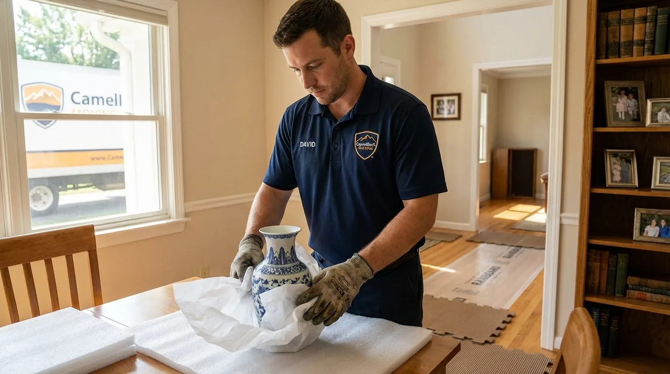 Professional crew carefully wrapping antique vase for senior downsizing move in Park Hills, MO